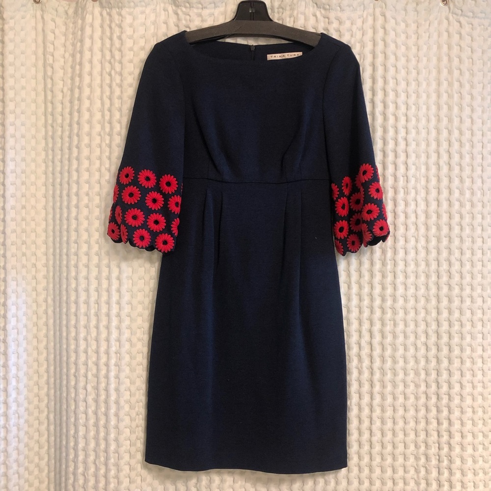 Trina Turk Navy + Red Embroidered Sleeve Dress - 0